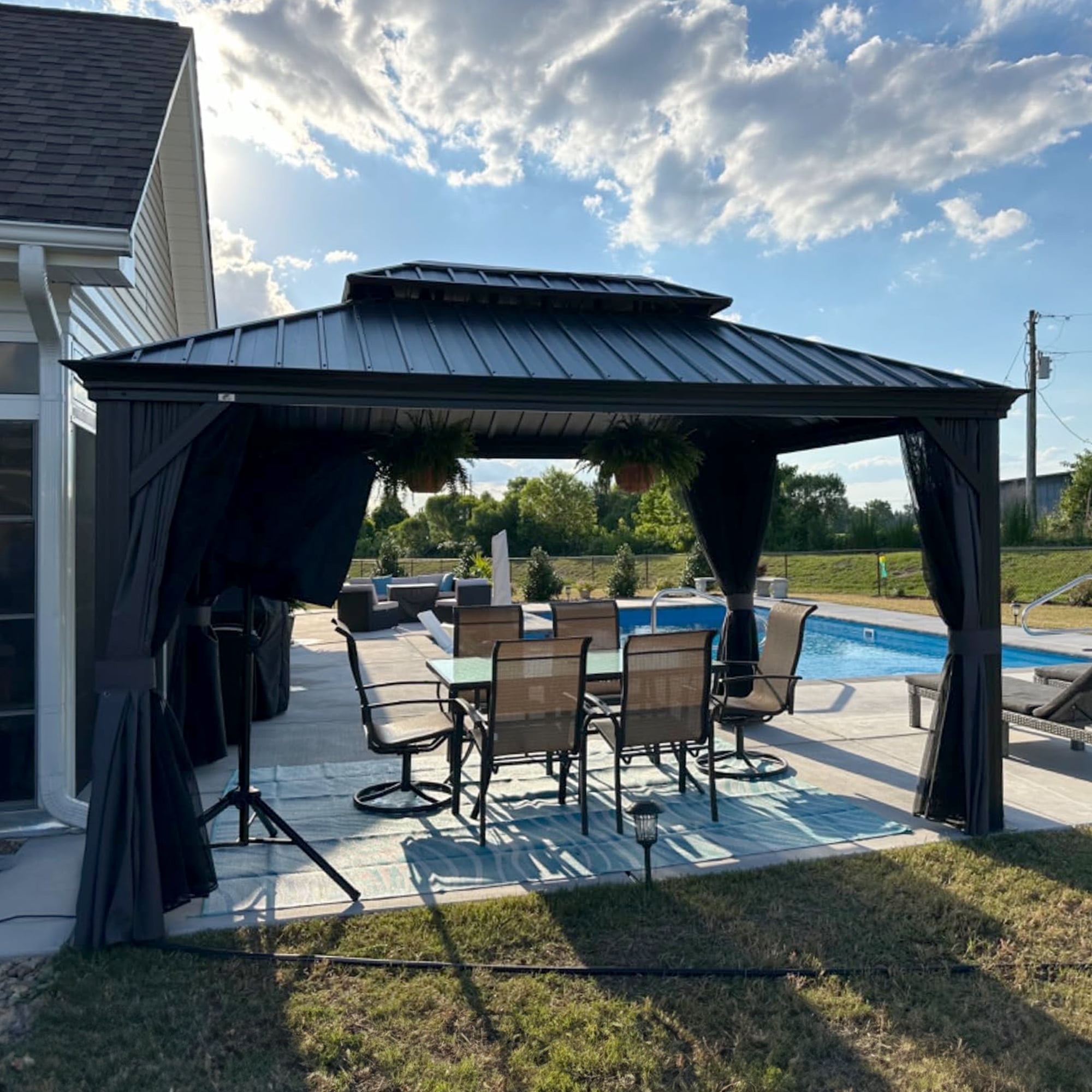 Gray Aluminum 10' x 14' Hardtop Patio Gazebo with Curtains
