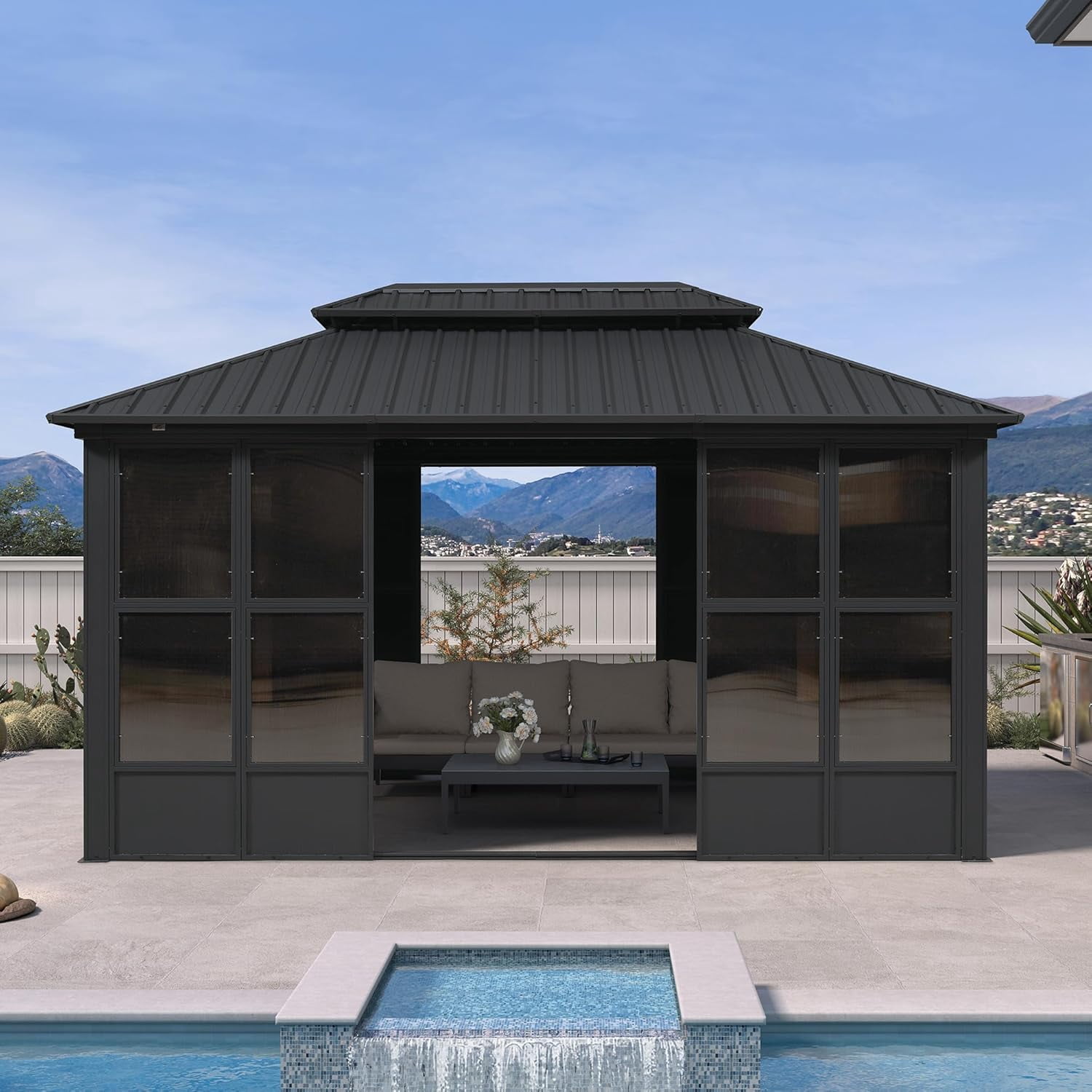 PURPLE LEAF 10 X 15 Outdoor Sunroom Solarium Permanent Hardtop Screened Gazebo Galvanized Steel Double Roof Aluminum Patio Enclosed Lawn Deck Backyard Grey