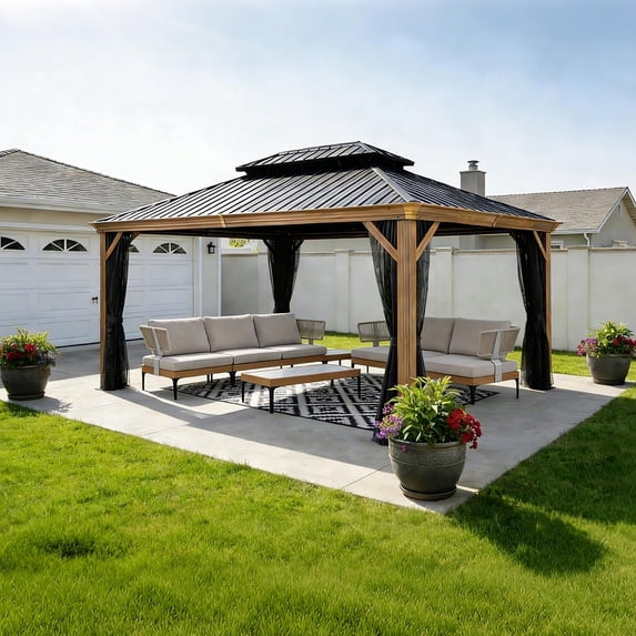 PURPLE LEAF 10' X 16' Outdoor Hardtop Gazebo Galvanized Steel Double Roof Wood Grain Aluminum Frame Patio Gazebos Heavy Duty Carport with Netting for Deck Backyard Garden