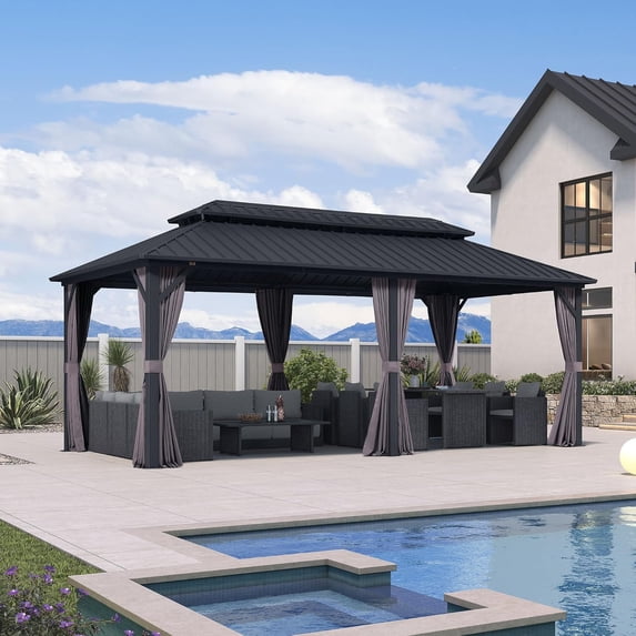 PURPLE LEAF 10' X 20' Permanent Hardtop Gazebo Aluminum Frame Patio Gazebo with Galvanized Steel Double Vented Roof Includes Removable Curtains and Netting with Hooks for Garden Lawns Backyard Grey