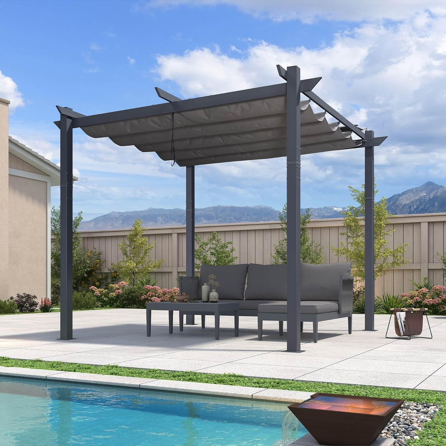 Gray Aluminum 10' x 10' Retractable Pergola with Shade Canopy