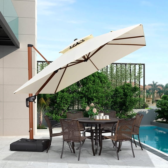 PURPLE LEAF 10 ft Square Wood Pattern Patio Cantilever Umbrella with Base Cream