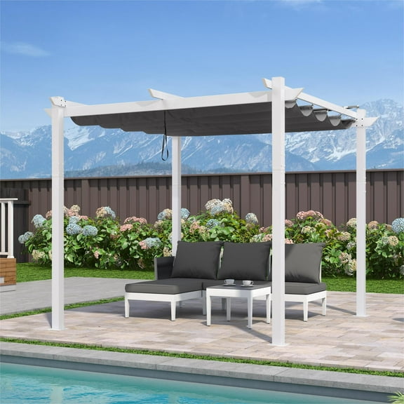 PURPLE LEAF 10' x 10' Outdoor Retractable Pergola with Double Sun Shade Canopy and White Heavy-Duty Aluminum Frame Patio Modern Adjustable Canopy Pergola for Garden Deck and Backyard, Gray