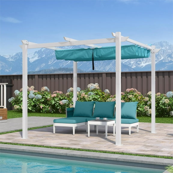 PURPLE LEAF 10' x 10' Outdoor Retractable Pergola with Double Sun Shade Canopy and White Heavy-Duty Aluminum Frame Patio Modern Adjustable Canopy Pergola for Garden Deck and Backyard, Turquoise Blue