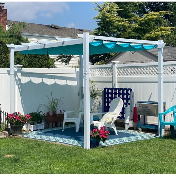 PURPLE LEAF 10' x 10' Outdoor Retractable Pergola Heavy-Duty Aluminum White Pergola with Sun Shade Canopy Patio Modern Shelter for Garden Porch Yard Deck Beach Grape Trellis, Turquoise Blue