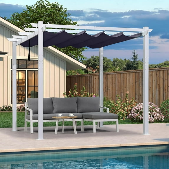 PURPLE LEAF 10' x 10' Outdoor Retractable Pergola Heavy-Duty Aluminum White Pergola with Sun Shade Canopy Patio Modern Shelter for Garden Porch Yard Deck Beach Grape Trellis, Navy Blue