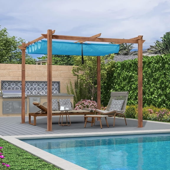 PURPLE LEAF 10' x 10' Outdoor Retractable Pergola with Sun Shade Canopy Patio Metal Shelter for Garden Porch Beach Pavilion Natural Wood Grain Aluminum Frame Modern Yard Grill Pergola, Turquoise Blue