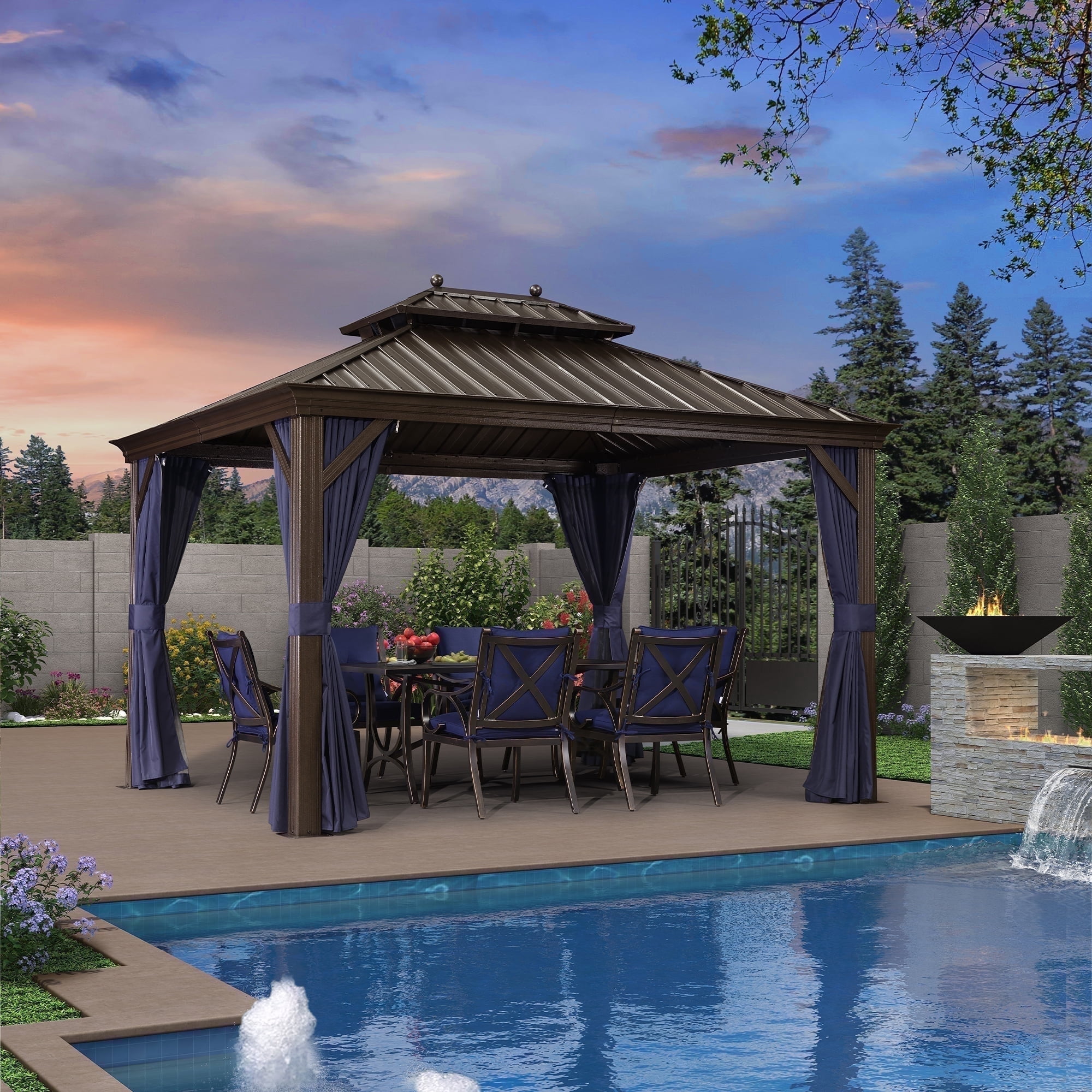 PURPLE LEAF 10' x 12' Hardtop Gazebo Galvanized Steel Roof Aluminum Frame Metal Gazebo Sun Shade Tent Outdoor Patio Permanent Pavilion with Curtains and Netting, Navy Blue