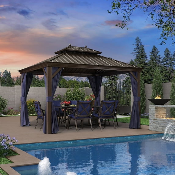 PURPLE LEAF 10' x 12' Hardtop Gazebo Galvanized Steel Roof Aluminum Frame Metal Gazebo Sun Shade Tent Outdoor Patio Permanent Pavilion with Curtains and Netting, Navy Blue