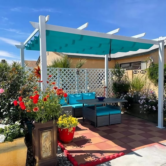 PURPLE LEAF 10' x 12' Outdoor Retractable Pergola Heavy-Duty Aluminum White Pergola with Sun Shade Canopy Patio Modern Shelter for Garden Porch Yard Deck Beach Grape Trellis, Turquoise Blue