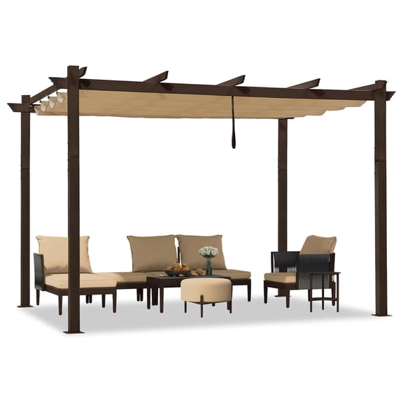 PURPLE LEAF 10' x 12' Patio Retractable Pergola Aluminum with Sun Shade Canopy Outdoor Metal Heavy-Duty Brown Shelter for Garden Yard Pavilion Grape Trellis Porch, Beige