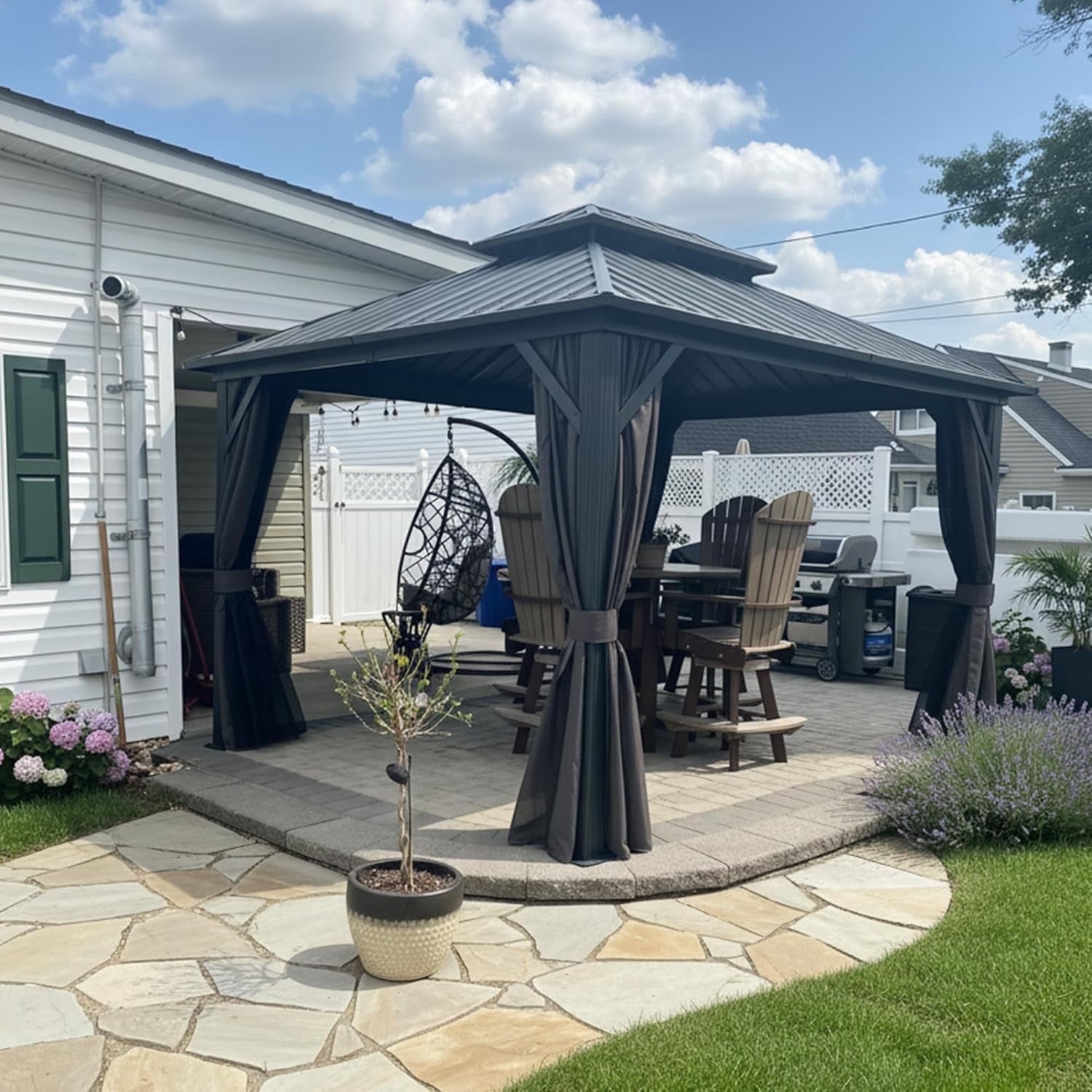 PURPLE LEAF 10' x 12' Permanent Hardtop Gazebo Aluminum Frame Gazebo with Galvanized Steel Double Roof, UV-Resistant for Backyard Patio Lawn and Garden, Netting & Curtains included - Grey