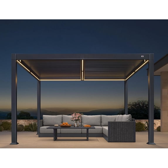 PURPLE LEAF 10' x 12' Solar Louvered Pergola with LED String Lights and Control Panel Aluminum Outdoor Pergola with Adjustable Hardtop Roof for Patio Deck Garden Yard Gray