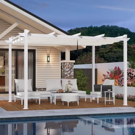 PURPLE LEAF 10' x 13' Outdoor Retractable Pergola with Double Sun Shade Canopy and White Heavy-Duty Aluminum Frame Patio Modern Adjustable Canopy Pergola for Garden Deck and Backyard, White