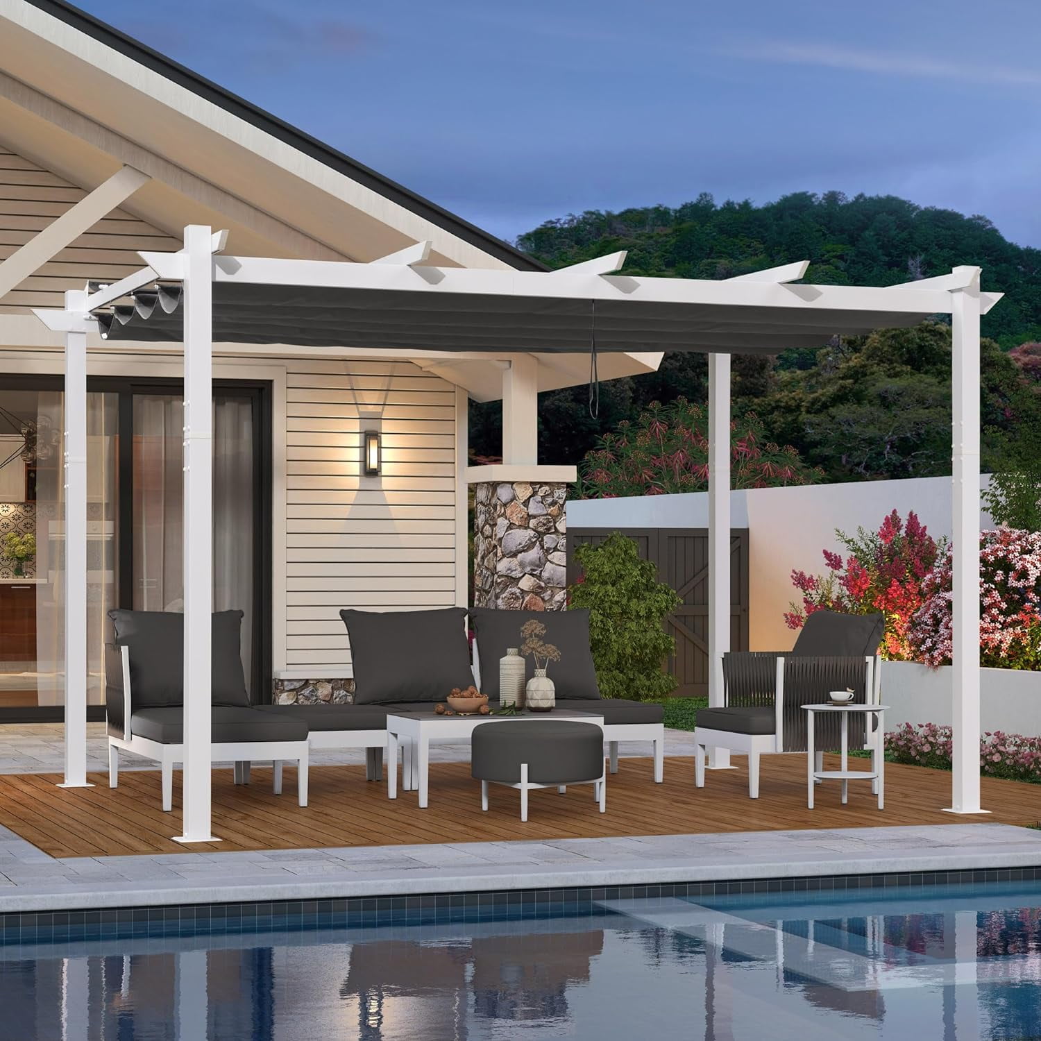 Gray and White Aluminum Retractable Pergola with Double Sun Shade Canopy