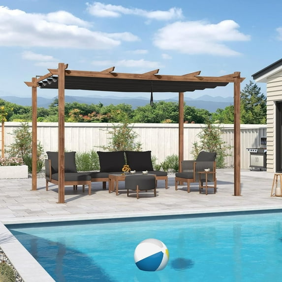 PURPLE LEAF 10' x 13' Outdoor Retractable Pergola with Sun Shade Canopy Patio Metal Shelter for Garden Porch Beach Pavilion Natural Wood Grain Aluminum Frame Modern Yard Grill Pergola, Gray