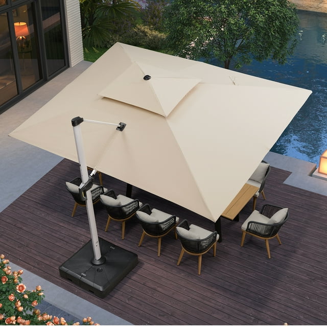 PURPLE LEAF 10 x 13FT Deluxe Rectangular Patio Umbrella, Large Offset Cantilever Umbrella with 360° Rotation, Beige