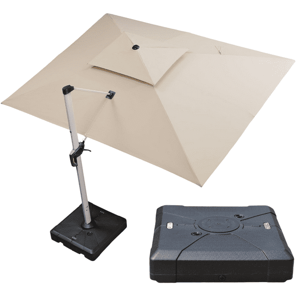 PURPLE LEAF 10 x 13FT Deluxe Rectangular Patio Umbrella with Base, Large Offset Cantilever Umbrella with 360° Rotation, Beige