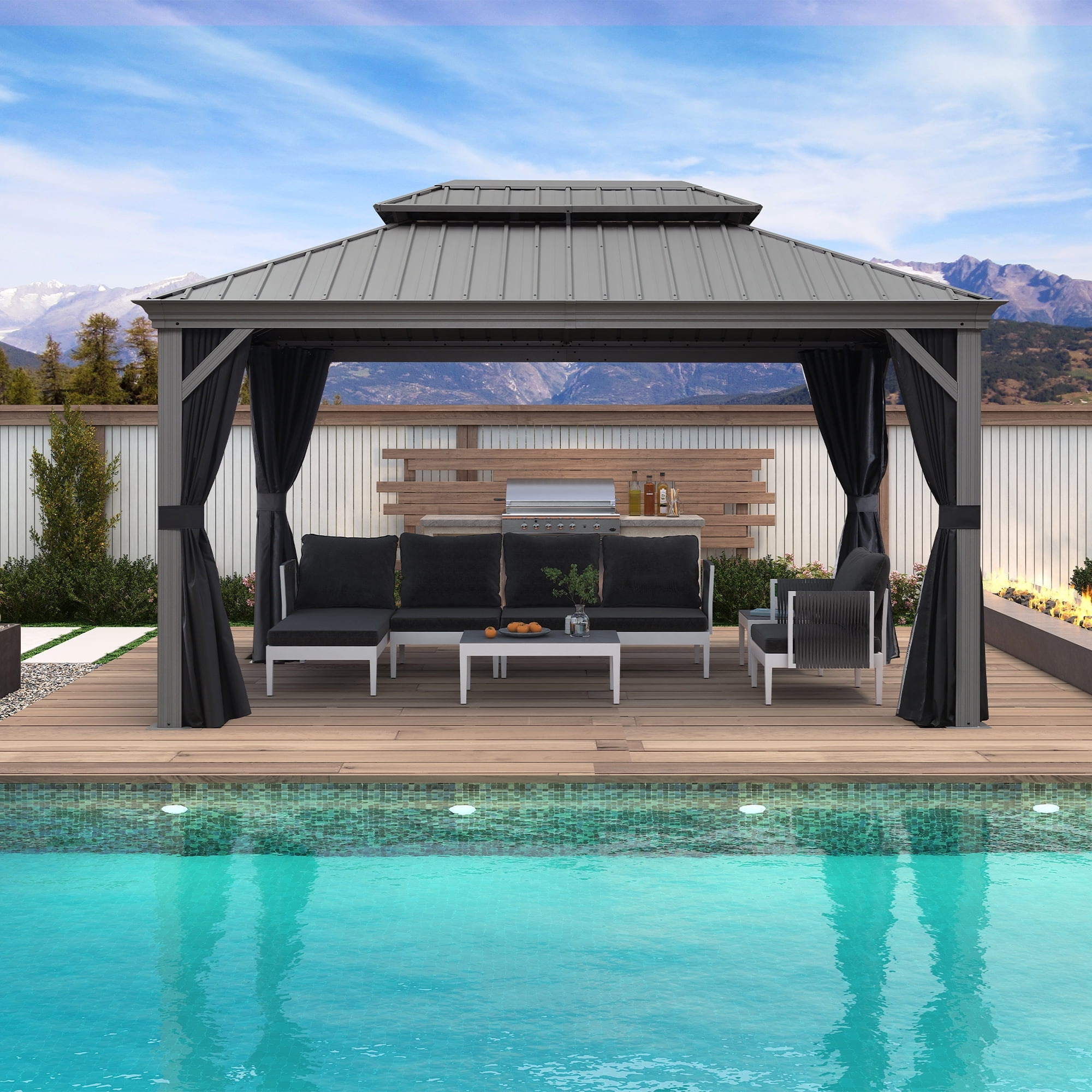 Light Gray 14' x 10' Aluminum Hardtop Gazebo with Curtains
