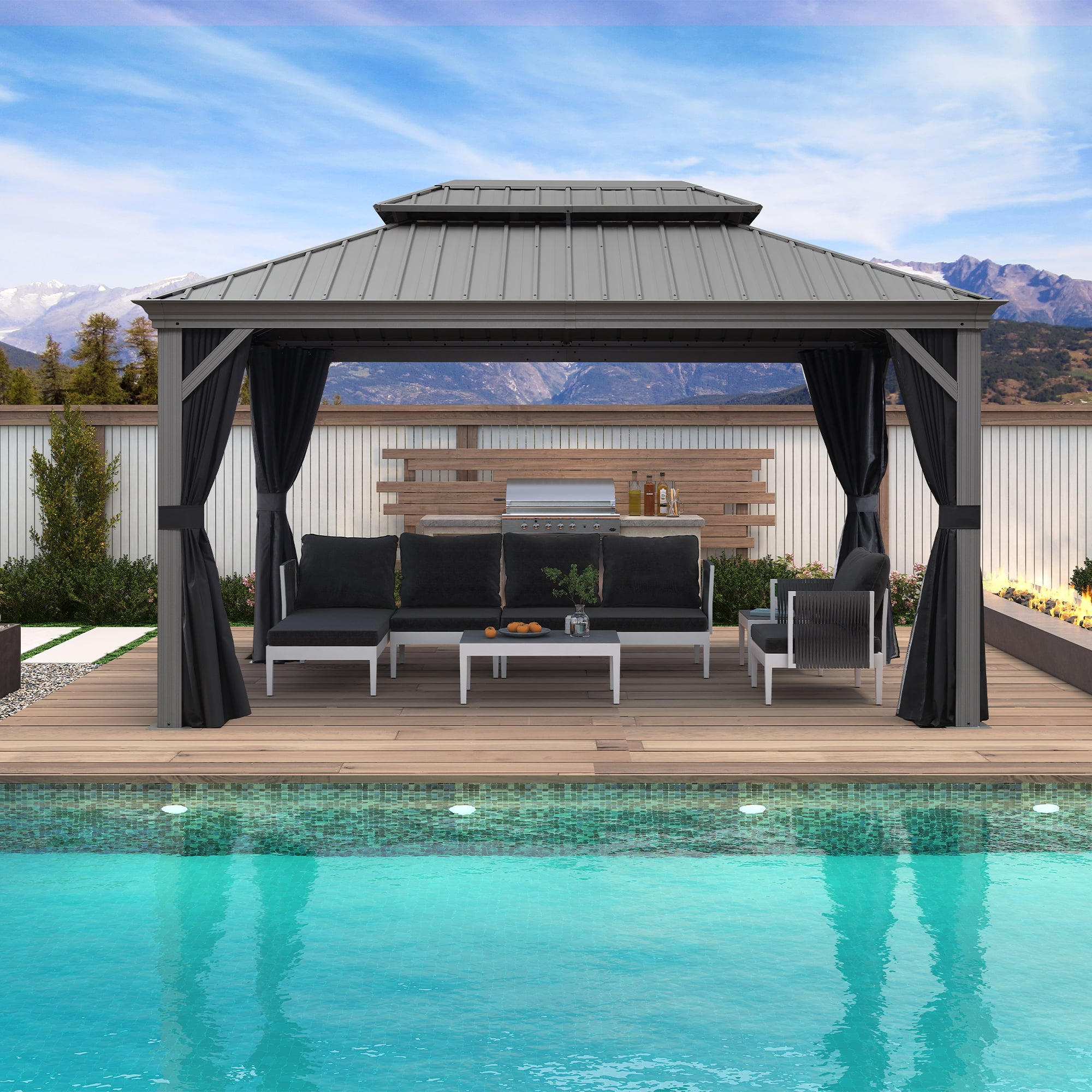 Light Gray 14' x 10' Aluminum Hardtop Gazebo with Curtains