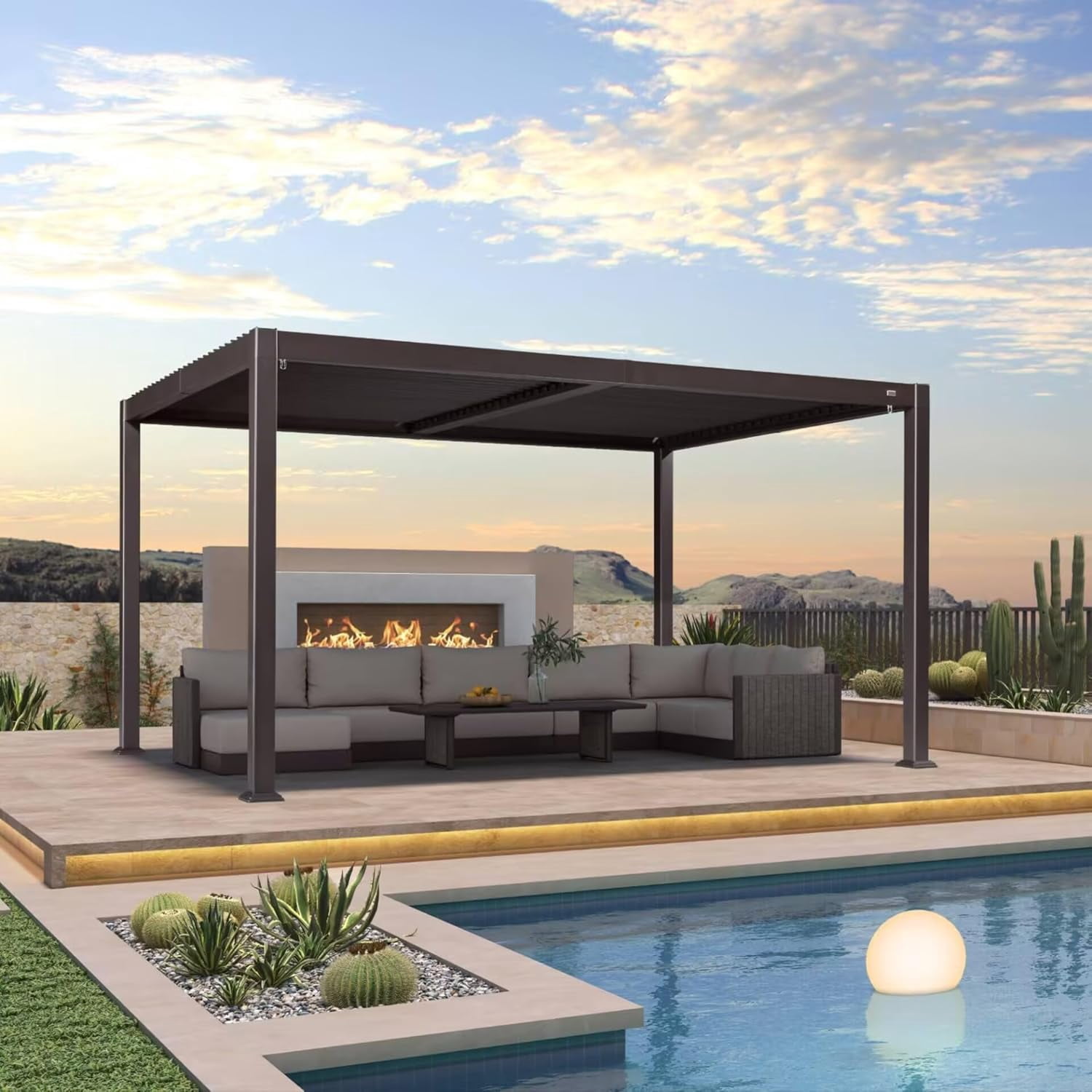 PURPLE LEAF 10' x 14' Louvered Aluminum Pergola Adjustable Louvre Shade Retractable Hardtop Roof Modern Outdoor Shelter Deck Backyard Garden Bronze