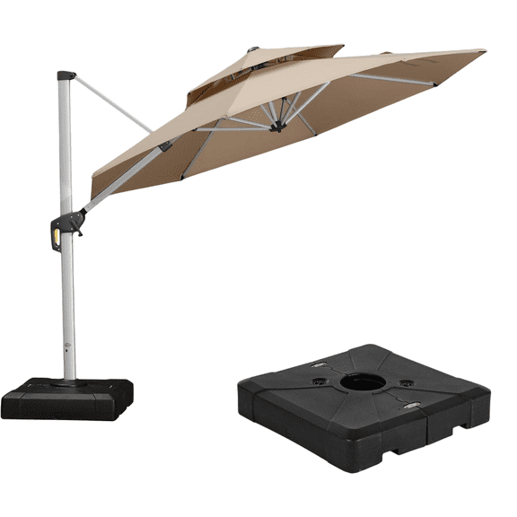 PURPLE LEAF 10FT Deluxe Round Patio Umbrella with Base, Large Offset Cantilever Umbrella with 360° Rotation, Beige