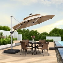 PURPLE LEAF 10FT Deluxe Round Solar Powered LED Patio Umbrella, Large Offset Cantilever Umbrella with 360° Rotation, Beige