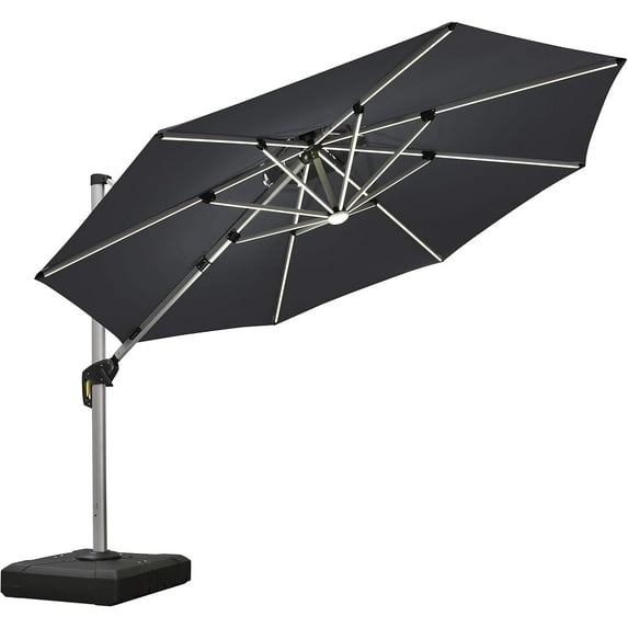 PURPLE LEAF 10FT Deluxe Round Solar Powered LED Patio Umbrella, Large Offset Cantilever Umbrella with 360° Rotation, Gray