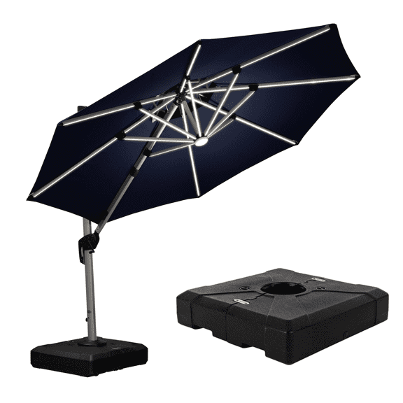 PURPLE LEAF 10FT Deluxe Round Solar Powered LED Patio Umbrella with Base, Large Offset Cantilever Umbrella with 360° Rotation, Navy Blue