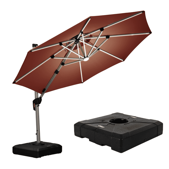 PURPLE LEAF 10FT Deluxe Round Solar Powered LED Patio Umbrella with Base, Large Offset Cantilever Umbrella with 360° Rotation, Terra