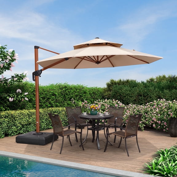 PURPLE LEAF 10FT Deluxe Round Wood Grain Patio Umbrella, Large Offset Cantilever Umbrella with 360° Rotation, Beige