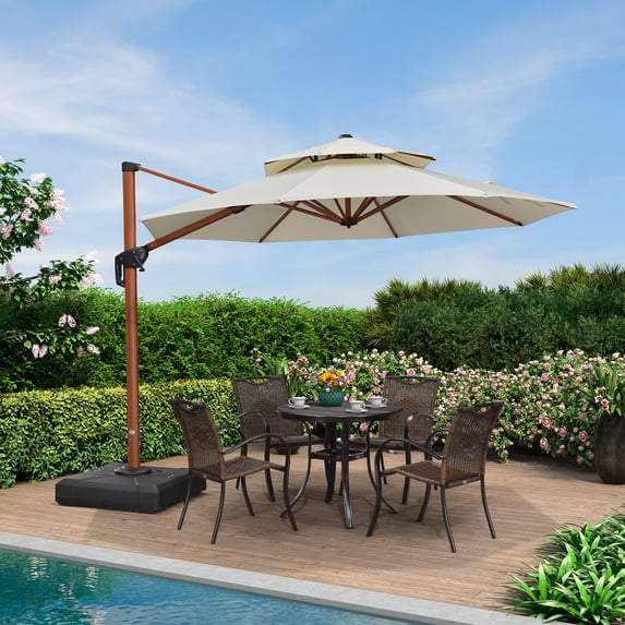 PURPLE LEAF 10FT Deluxe Round Wood Grain Patio Umbrella, Large Offset Cantilever Umbrella with 360° Rotation, Cream