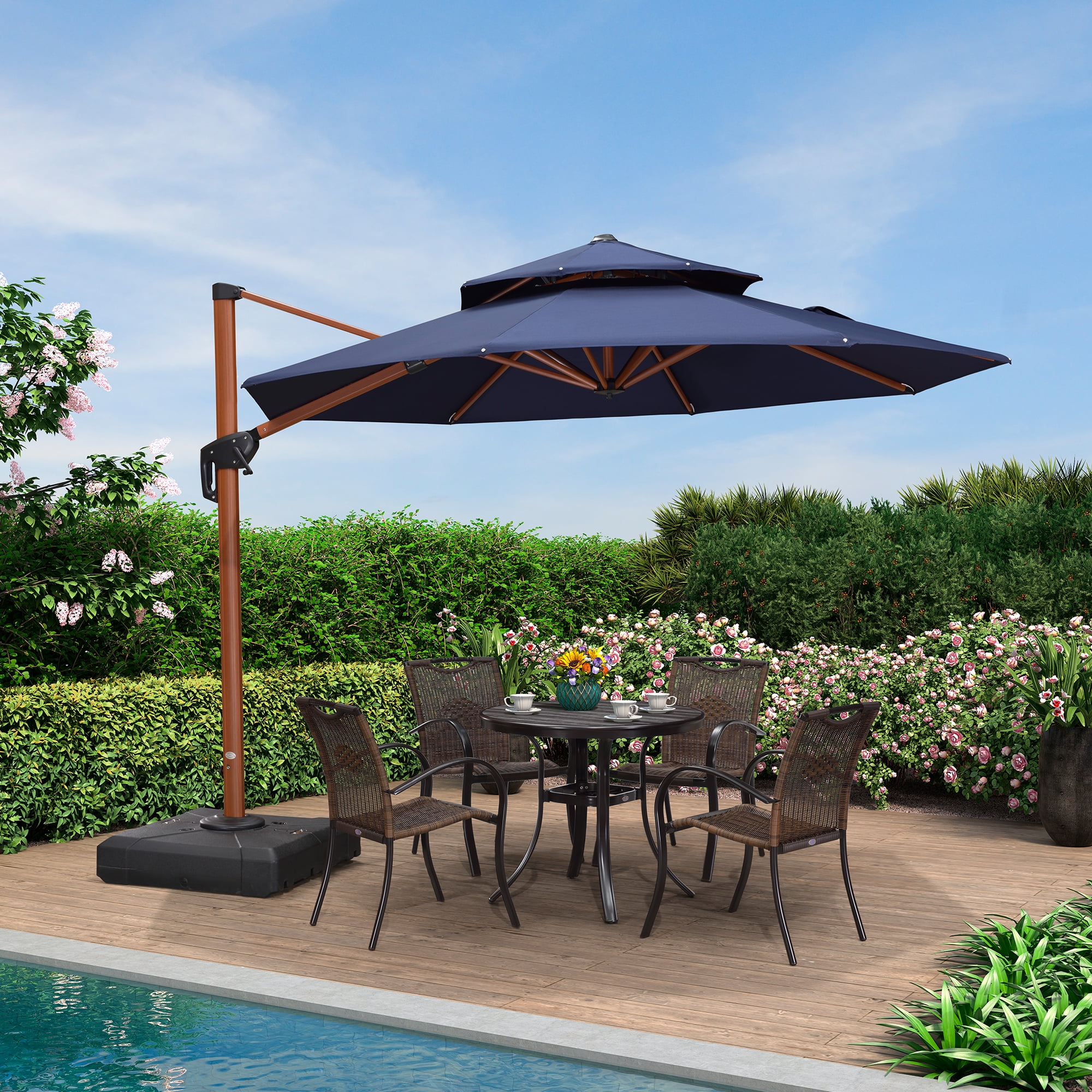 PURPLE LEAF 10FT Deluxe Round Wood Grain Patio Umbrella, Large Offset Cantilever Umbrella with 360° Rotation, Navy Blue