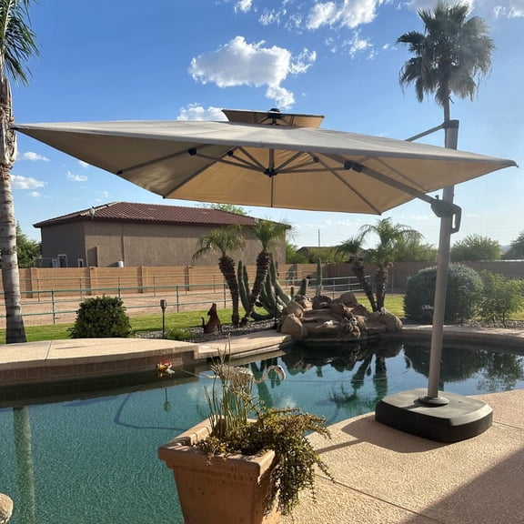 Purple Leaf 10ft Outdoor Patio Umbrella - Offset Cantilever Design with 360° Rotation, Beige Square Market Umbrella for Deck, Pool, and Garden
