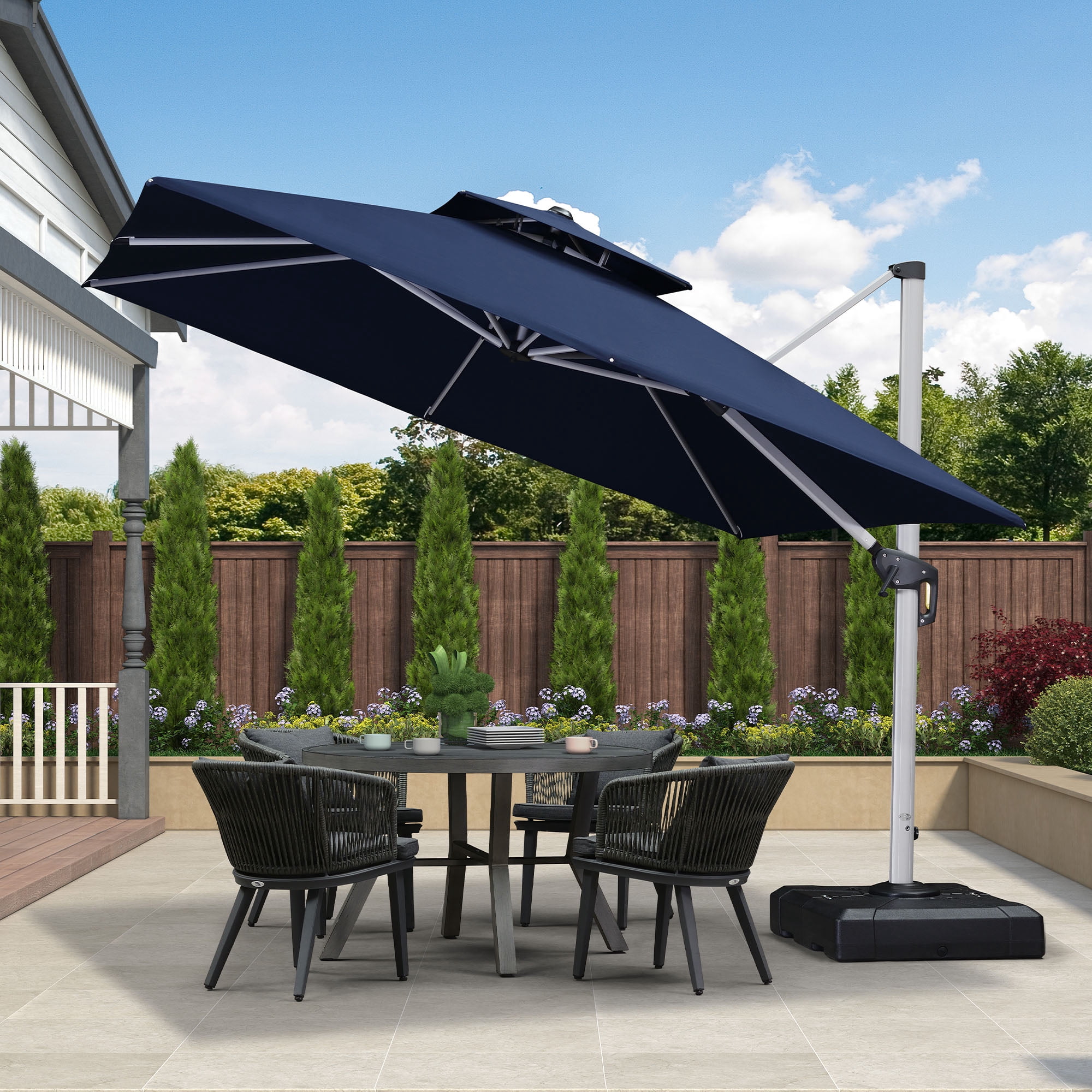 Purple Leaf 10ft Outdoor Patio Umbrella - Offset Cantilever Design with 360° Rotation, Navy Blue Square Market Umbrella for Deck, Pool, and Garden