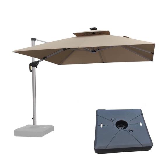 PURPLE LEAF 10FT Deluxe Square Solar Powered LED Patio Umbrella with Base, Large Offset Cantilever Umbrella with 360° Rotation, Beige