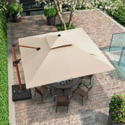 PURPLE LEAF 10FT Deluxe Square Wood Grain Patio Umbrella, Large Offset Cantilever Umbrella with 360° Rotation, Beige