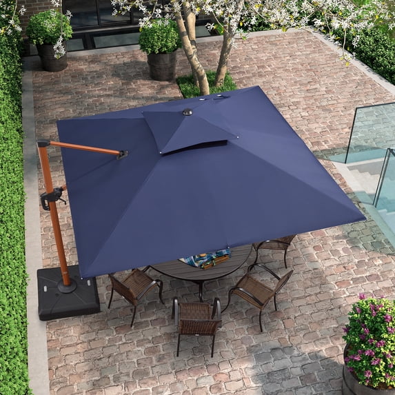 PURPLE LEAF 10FT Deluxe Square Wood Grain Patio Umbrella, Large Offset Cantilever Umbrella with 360° Rotation, Navy Blue