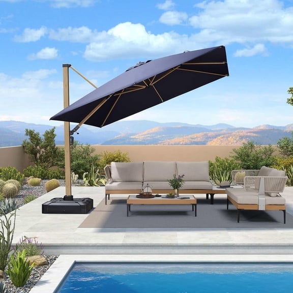 PURPLE LEAF 10FT Patio Umbrella Square Cantilever Umbrella Teak Finished Aluminum Frame Large Windproof Offset Outdoor Sun Umbrellas for Beach Pool Deck, Navy Blue