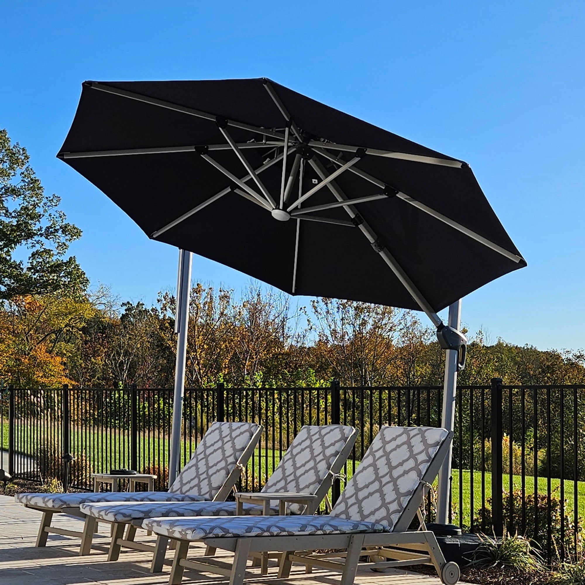 PURPLE LEAF 10FT Round Solar Powered LED Patio Umbrella Outdoor Large Cantilever Umbrella for Garden Deck Pool Patio, Navy Blue