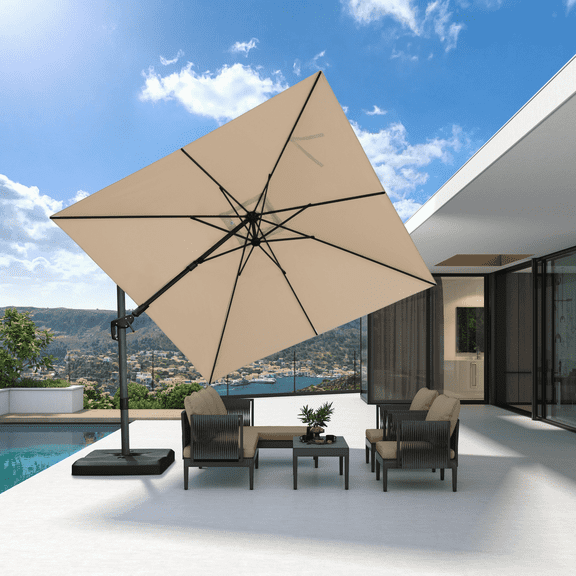 PURPLE LEAF 10x10 ft Square Offset Cantilever Umbrella, Left-Right Tilting & 360° Swivel, Aluminum Patio Pool Umbrella, Beige