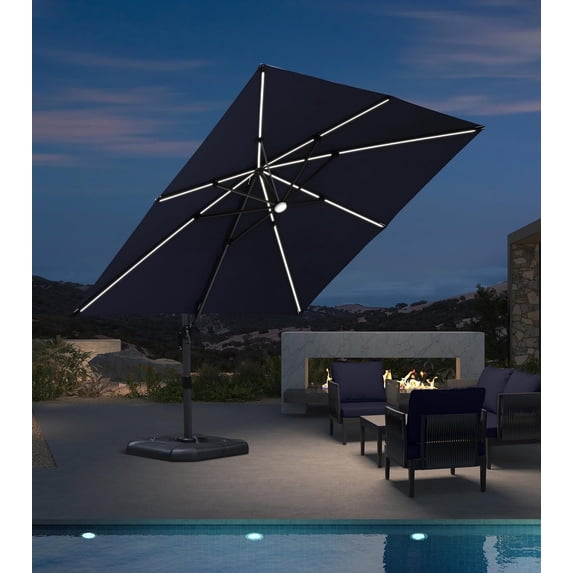 PURPLE LEAF 10x10 Ft Cantilever Umbrella Square Solar Powered LED Outdoor Patio Umbrella Large Offset Hanging Umbrella Aluminum Umbrella with 360°Rotation Adjustable Garden Pool Umbrella,Navy Blue