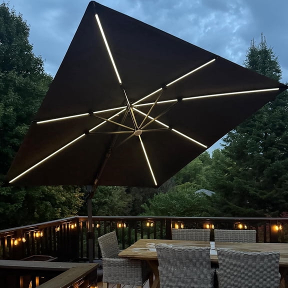 PURPLE LEAF 10x10 Ft Cantilever Umbrella Square Swivel Solar Powered LED Outdoor Patio Umbrella Large Offset Aluminum Umbrella with 360°Rotation Adjustable Pool Umbrella,Gray