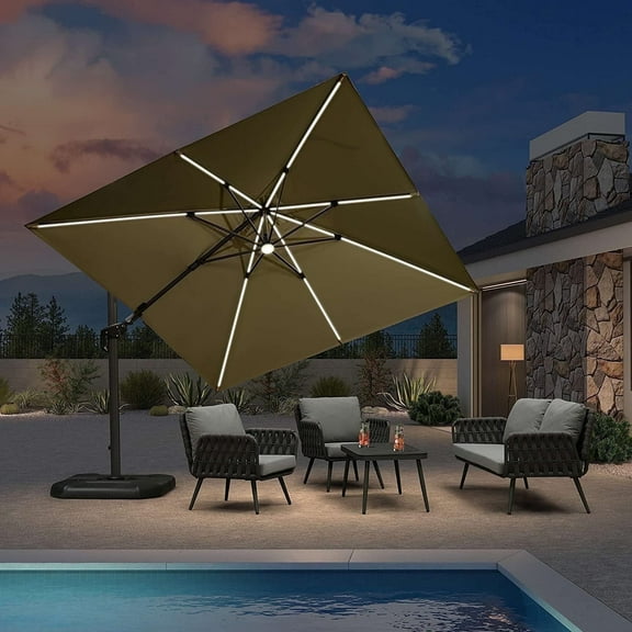 PURPLE LEAF 10x10 Ft Cantilever Umbrella Square Swivel Solar Powered LED Outdoor Patio Umbrella Large Offset Aluminum Umbrella with 360°Rotation Adjustable Pool Umbrella,Beige
