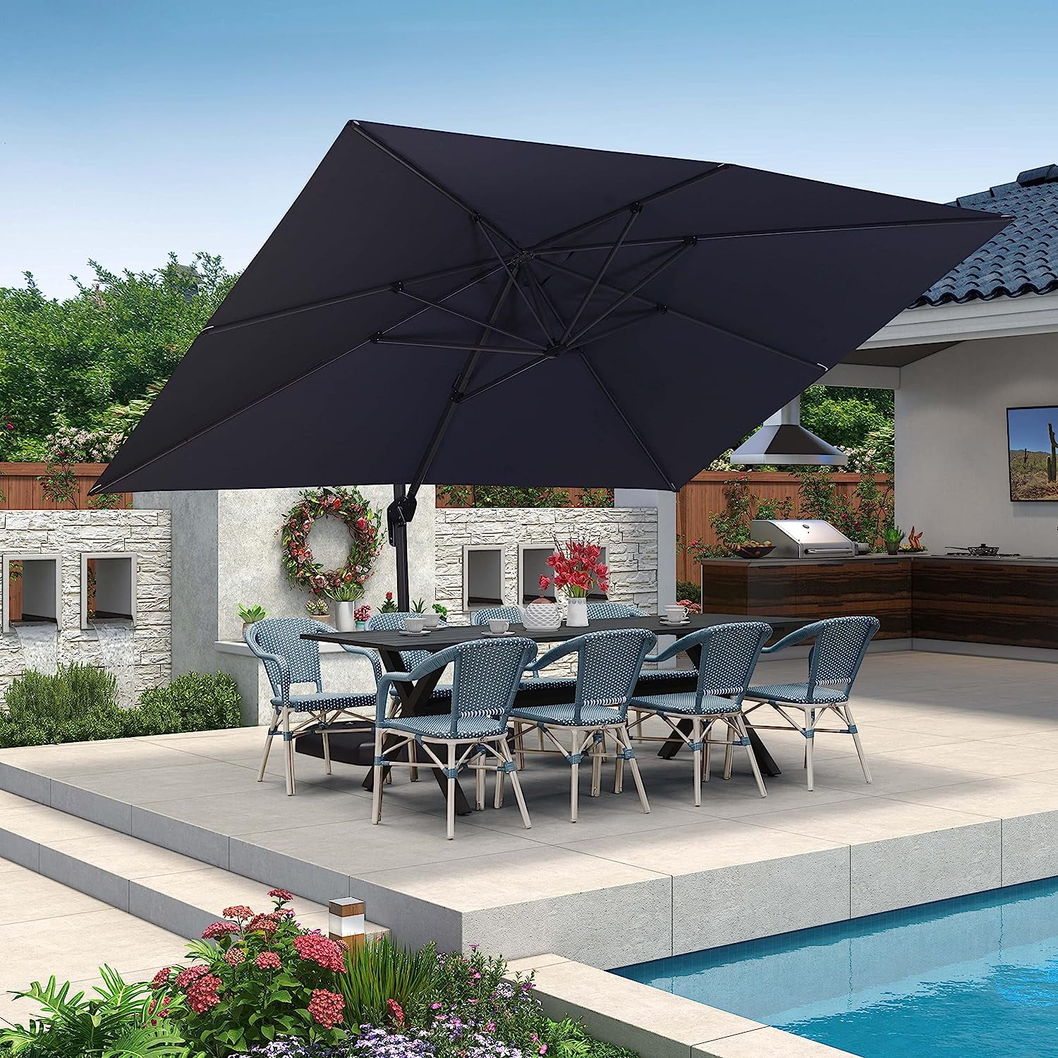 Large Grey Aluminum Cantilever Patio Umbrella with 360-Degree Rotation