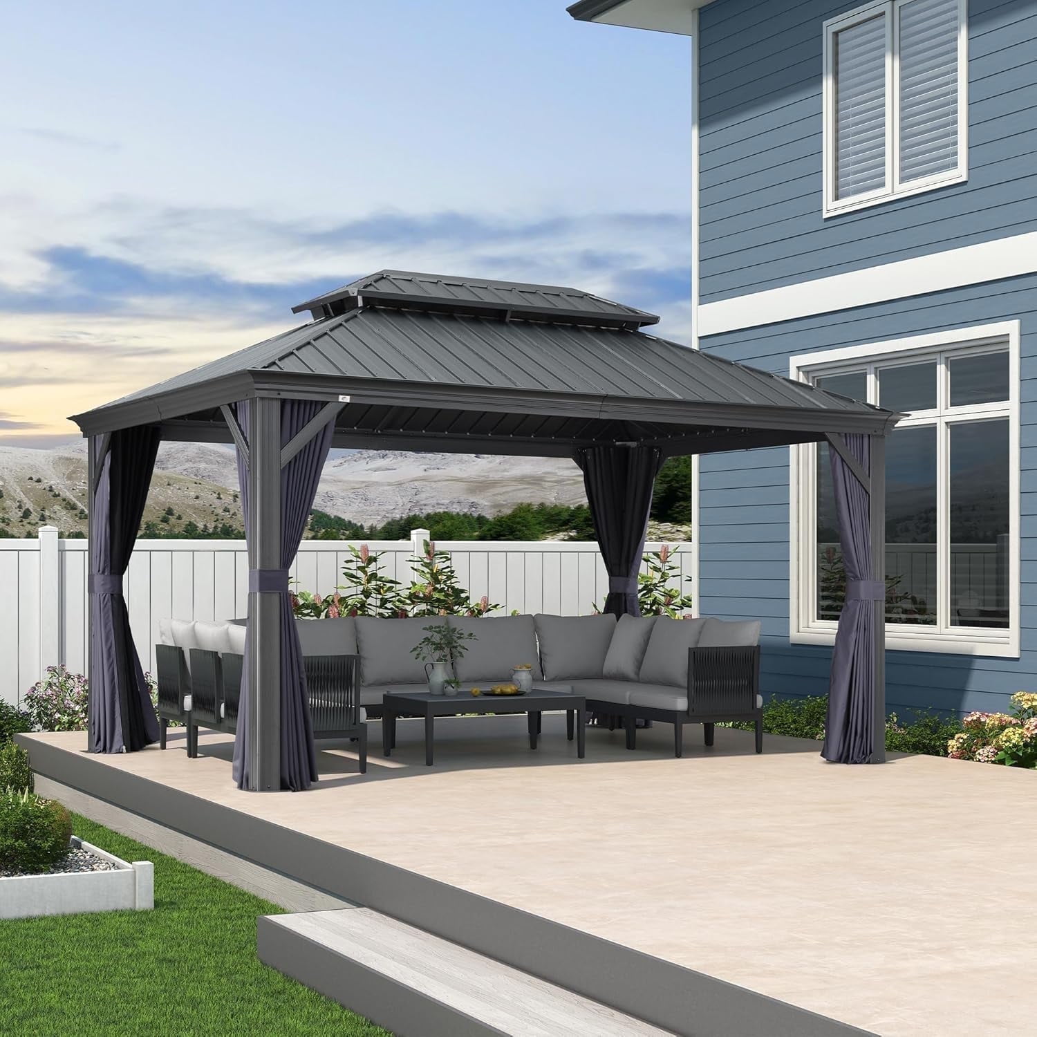 Gray and Navy Blue 10' x 14' Aluminum Hardtop Gazebo with Steel Roof