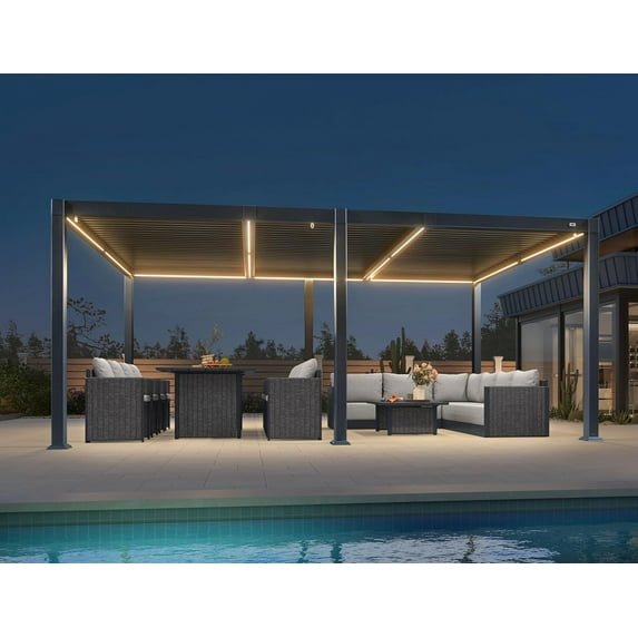 PURPLE LEAF 11.5' x 17.5' Solar Louvered Pergola with LED String Lights and Control Panel Aluminum Outdoor Pergola with Adjustable Hardtop Roof for Patio Deck Garden Yard Gray