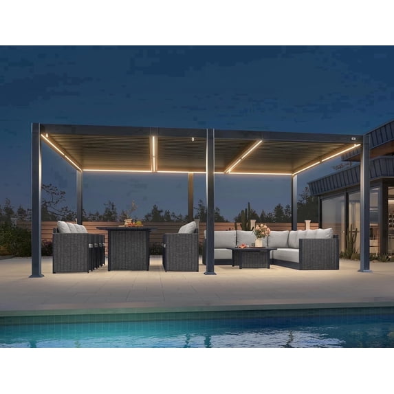 PURPLE LEAF 11.5' x 17.5' Solar Louvered Pergola with LED String Lights and Control Panel Aluminum Outdoor Pergola with Adjustable Hardtop Roof for Patio Deck Garden Yard Gray
