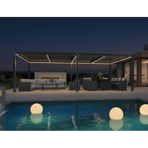 PURPLE LEAF 11.5' x 23.5' Solar Louvered Pergola with LED String Lights and Control Panel Aluminum Outdoor Pergola with Adjustable Hardtop Roof for Patio Deck Garden Yard Gray