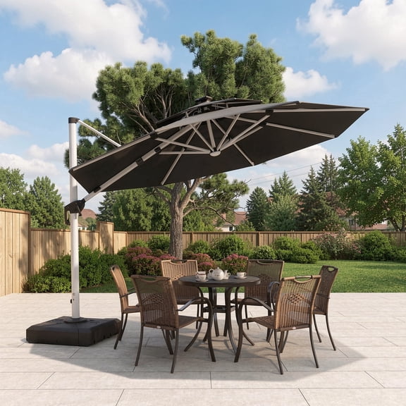 PURPLE LEAF 11 Feet LED Umbrella with Base Cantilever Umbrellas Large Umbrella Outdoor Umbrellas Offset Umbrellas Round Patio Umbrella for Pool, Gray